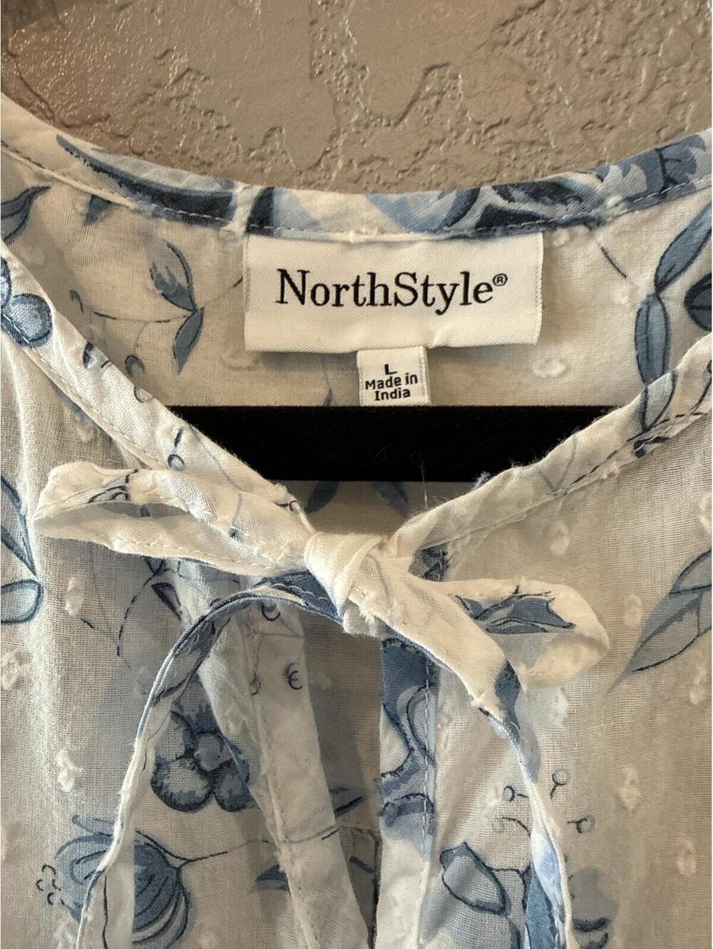 NorthStyle White and Blue Floral Long Sleeve Blouse, Size L - Picture 2 of 7